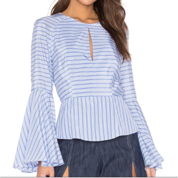 MILLY Luna Stripe Bell Sleeve Peplum Blouse Size 0 Sky Blue - Picture 2 of 7